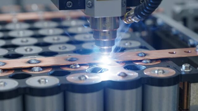 Precision laser oscillates along a busbar strip, fusing it to a row of battery cell terminals in a tight blue-white weld point