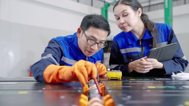 Professional electric vehicle technicians inspecting a Professional electric vehicle technicians inspecting a high-voltage battery system while using a digital tablet in an automotive workshop. 
