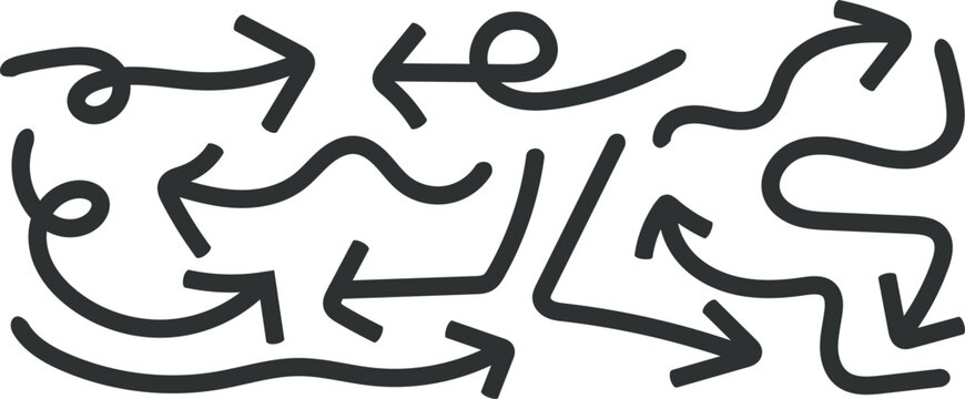 Collection of hand drawn doodle arrows pointing in various directions on a plain white background