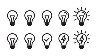 Linear light bulb icon collection including energy and check mark and spark concept for creative solutions. © VANU