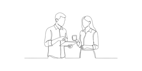 Fototapeta premium Continuous line drawing of a man and woman working together with a tablet and coffee cup