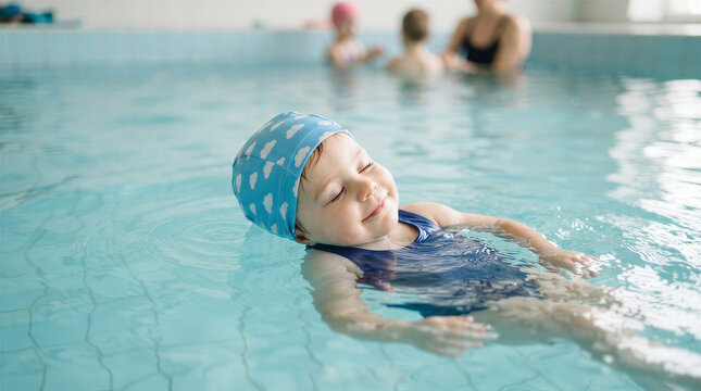A happy toddler girl with a cloudpatterned swim cap floating peacefully on her back in a swimming pool during a lesson
