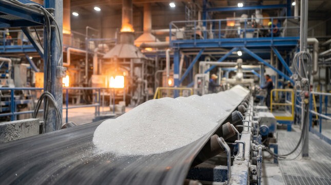 Industrial conveyor belt carrying raw materials in a manufacturing plant with glowing furnaces in the background