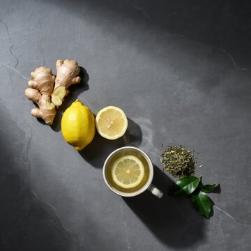 Ginger, lemon, and green tea ingredients for a healthy drink on dark background