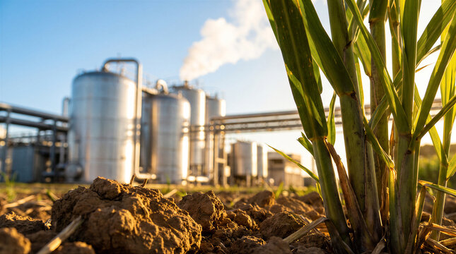 Sugarcane plantation in front of a sugar and ethanol production plant at sunset