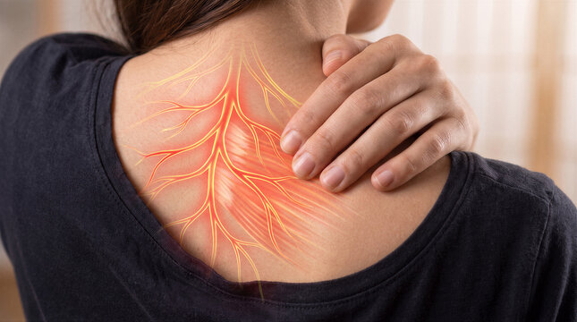 Closeup of a woman touching her shoulder and upper back, experiencing muscle pain, highlighted with glowing red and yellow nerve patterns