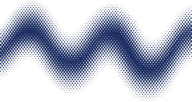 Monochrome halftone dotted illustration, abstract dynamic wave, ribbon pattern. Curved line with halftone effect, flud design. Vector minimalist background. Overlay template. Vector
