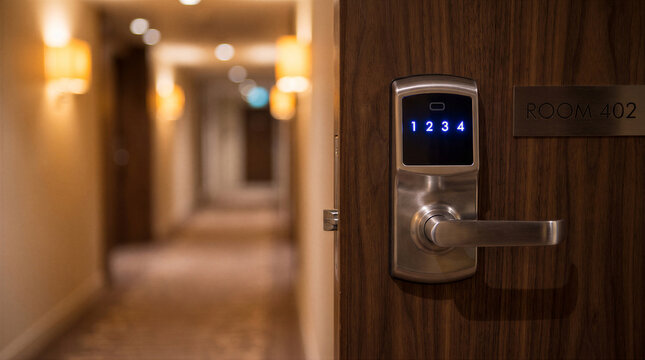 Hotel room door with electronic lock and room number 402 sign in a dimly lit corridor
