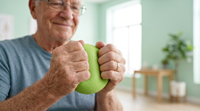 Senior man doing hand therapy exercises with a green stress ball to improve grip strength and dexterity in a bright room