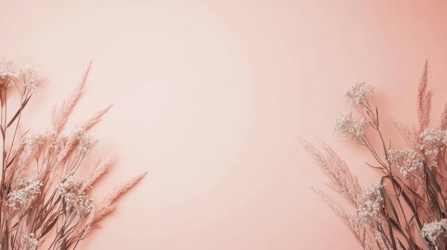Pastel pink background with delicate floral arrangement