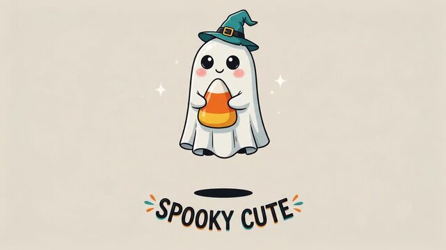 Animated cartoon ghost wearing witch hat and holding candy corn