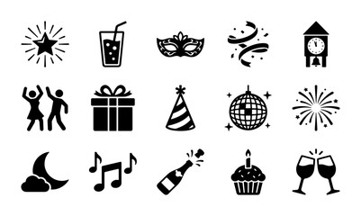Fototapeta premium New Year party icons set, 15 celebration vector symbols, black holiday event elements for invitations, festive nightlife and birthday graphics