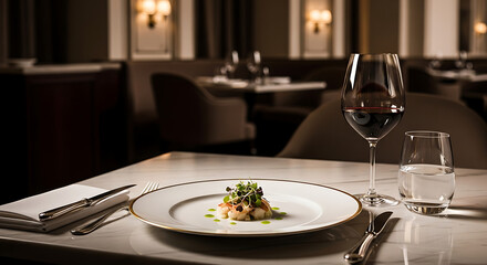 Fototapeta premium Gourmet seafood appetizer with red wine and water in elegant restaurant setting