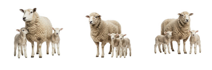Set of mother sheep with their cute lambs, isolated illustrations of ewes and young sheep for farm concepts, livestock farming, agriculture, rural life, and children's educational illustrations. © eagle