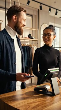 Man paying with credit card at checkout counter in clothing store, customer service interaction, retail shopping experience, contactless payment