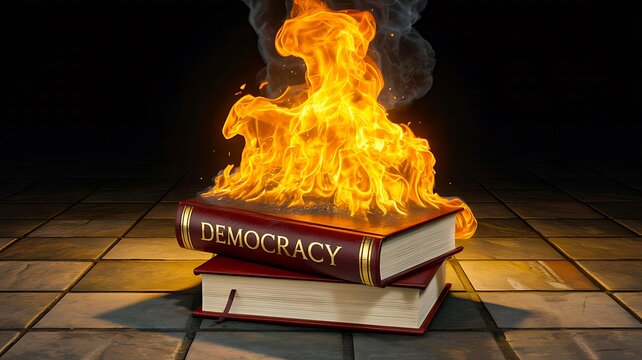 Burning democracy book symbolizing political crisis censorship and freedom challenges