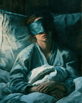 Serene close-up portrait of blindfolded woman in bed wrapped in blankets with somber dreamy blue tones and soft shadows