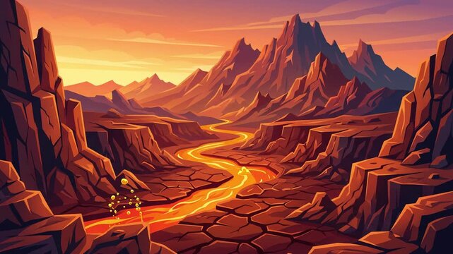 Stylized Volcanic Canyon with Lava River at Sunset
