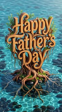 Artistic Wooden Tree Happy Father's Day Typography Growing Above Clear Water with Natural Roots and Botanical Details