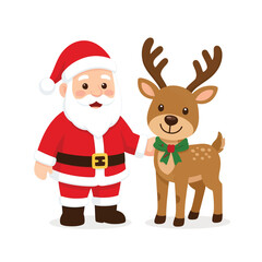 Friendly cartoon santa claus standing with cute reindeer in holiday outfit reindeer christmas character standing seasonal celebration december illustration cheerful greetings isolated © Upendra