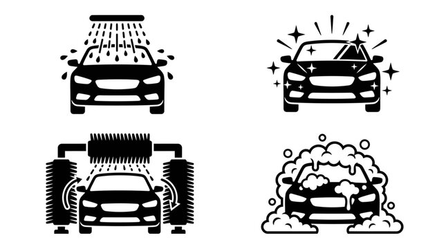 Set of 4 car wash service icons, vector illustration, vehicle cleaning and detailing icons