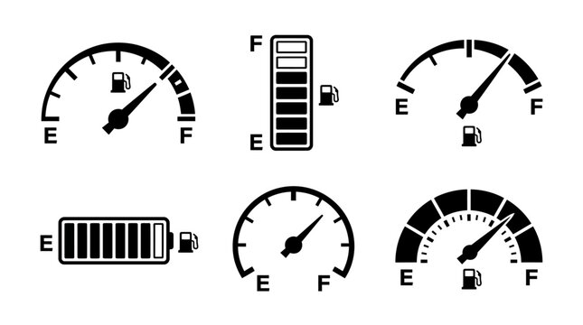 Automotive fuel indicator vector pack, dashboard fuel gauges in different styles, vector illustration