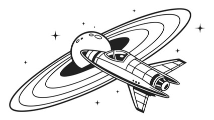 Minimalist starship vector exploring a cosmic galaxy with planetary rings and stars © Muhamad