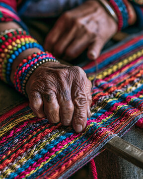 Close-up of artisan hands weaving colorful threads on a traditional loom textile art pattern and heritage
