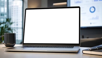 Fototapeta premium Laptop on Desk with White Screen in Office Setting