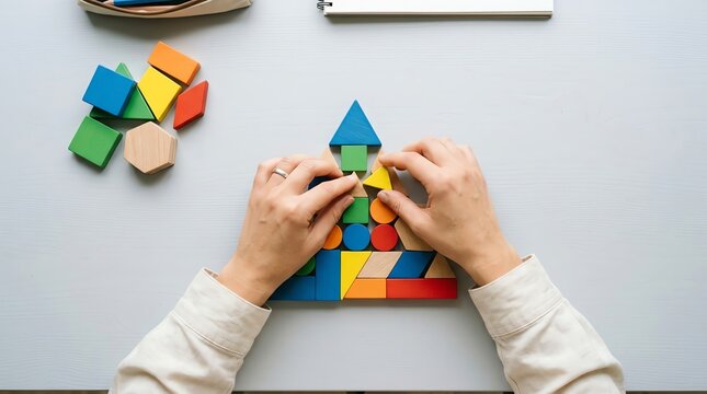 Top view of hands assembling a creative structure using colorful wooden geometric shapes and blocks for childhood learning