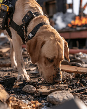 Trained lab retriever search and rescue dog in smoky disaster zone during fieldwork with harness and teamwork