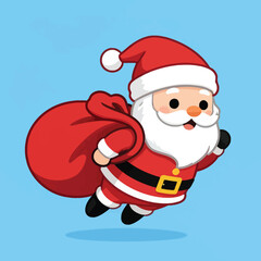 Cute cartoon santa claus flying with large gift bag for christmas celebration character cheerful december illustration seasonal delivery isolated background childlike greetings © Upendra