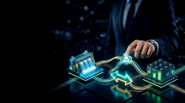 A businessman finger touching glowing futuristic interface for renewable grid modernization, showing hydro dam and bidirectional energy flow on dark background