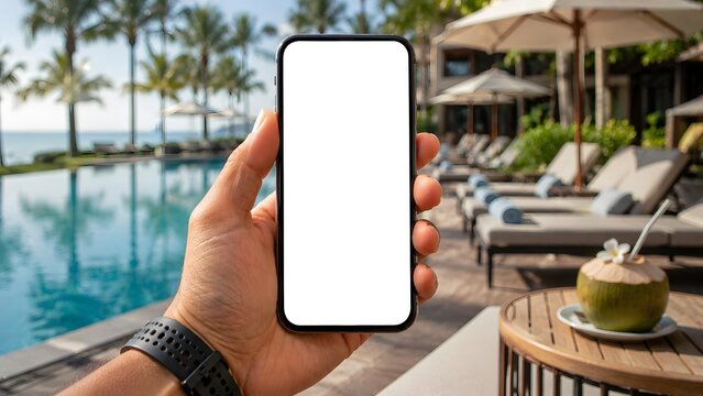 Hand Holding Smartphone with Blank Screen at Tropical Resort Pool Side