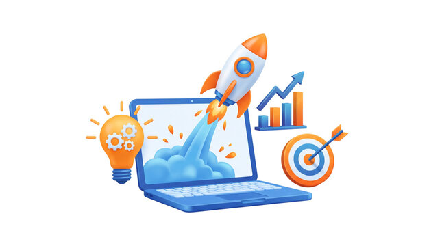 3D business startup rocket launching from laptop screen, creative idea bulb and growth chart icons, digital marketing and project launch concept