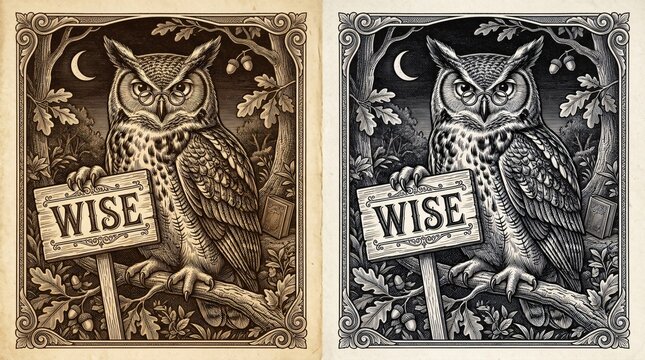 Vintage owl woodcut illustration set, wise owl holding wooden sign in night forest, sepia and black and white engraved bird art prints