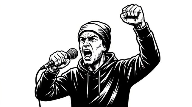 Angry young man in a hoodie shouting into a microphone with his fist raised high in a powerful protest street style