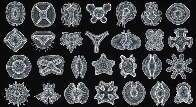Intricate microscopic diatom fossils arranged in detailed black and white patterns