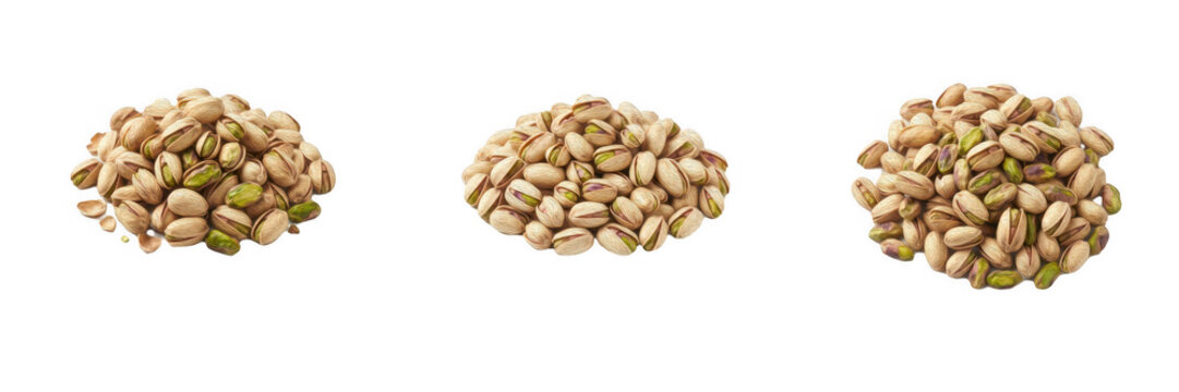 Piles of roasted pistachios with shells, set of three delicious healthy nuts isolated on white background for food and snack design, cooking ingredients, organic nutrition, and grocery store concepts.