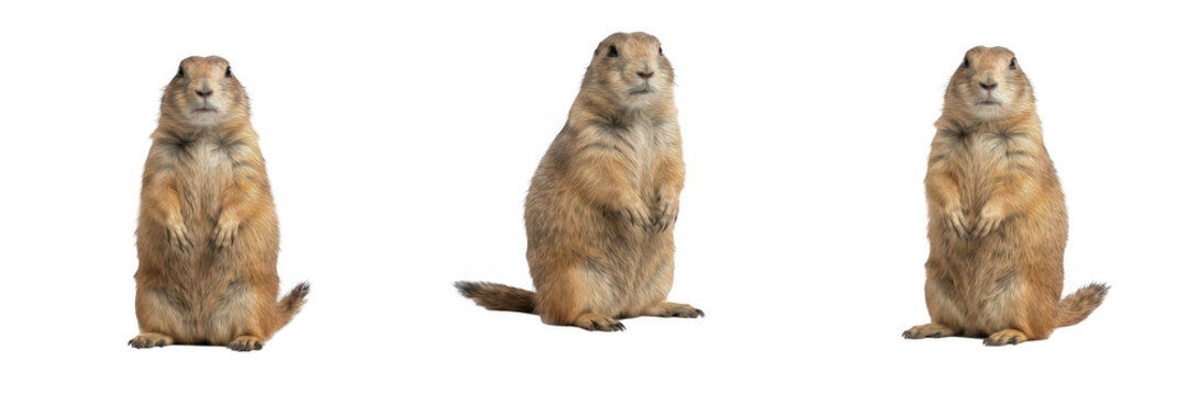 Cute standing prairie dog set, curious marmot or groundhog looking up, funny rodent isolated on white background for wildlife, nature conservation, farm animal, and children educational designs.