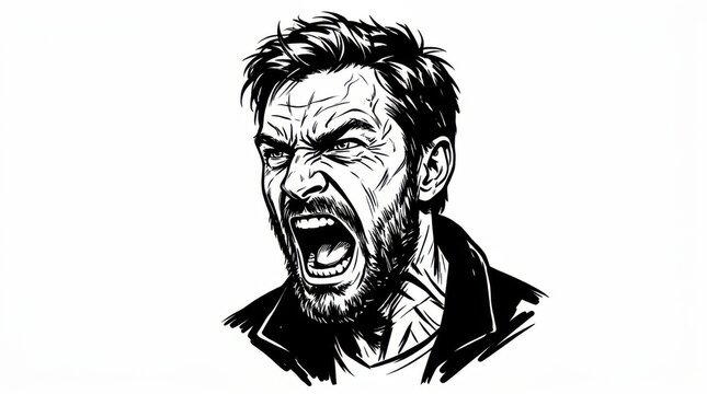 Angry bearded man screaming with intense facial expression in a black and white hand drawn sketch illustration style