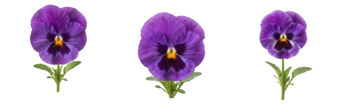Set of beautiful purple pansy flowers with green leaves, isolated vector illustration of blooming viola blossom plants with vibrant petals for spring garden, floral design, nature concepts, and greeti