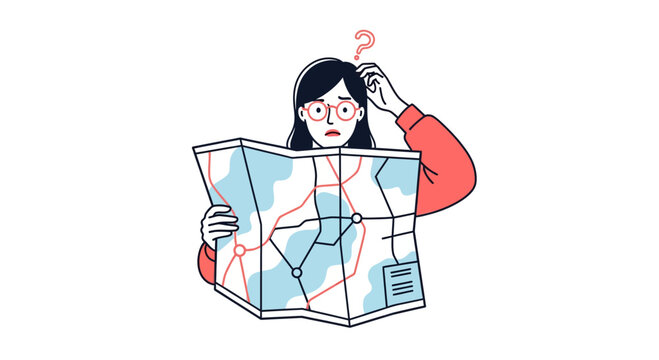 Lost girl with map is lost as she is not sure and needs help now