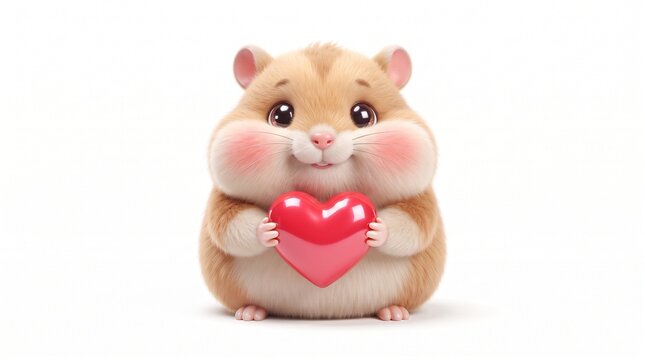 Cute 3D fluffy hamster cartoon character holding red heart isolated on white background kawaii animal love illustration