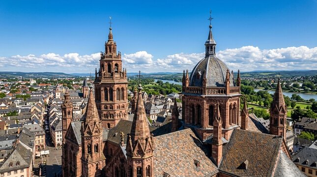 Aerial View of Mainz Cathedral and Rhine River in Germany