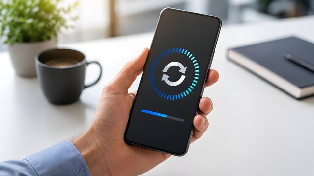 Mobile software update synchronization and cloud data backup progress displayed on smartphone screen in a modern workplace setting