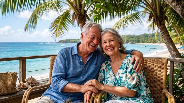 Happy senior couple enjoying a tropical beach vacation with palm trees and ocean view