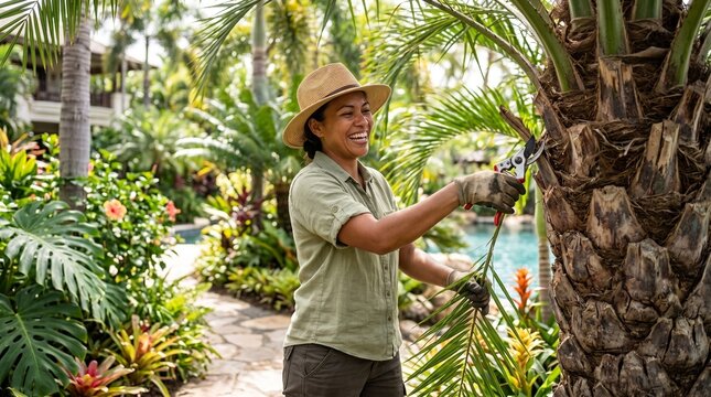 Smiling woman gardener in straw hat pruning a palm tree in a lush tropical garden with a pool
