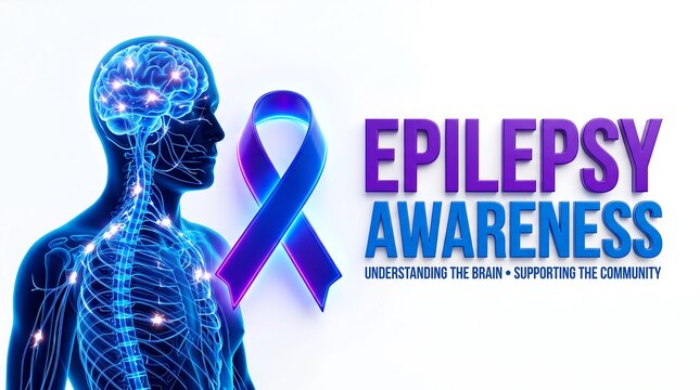 Epilepsy awareness concept featuring neural network and purple ribbon, epilepsy