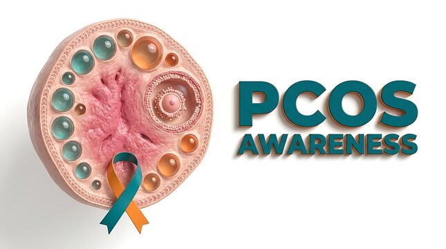Pcos awareness concept with teal and orange ribbon and ovary anatomy, awareness